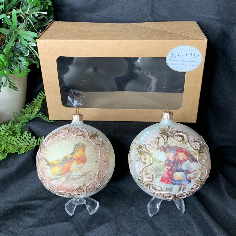Set of 2 VITBIS hand blown / handmade glass Christmas ornaments made in Poland